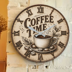Coffee Time Vintage Rustic Large Clock