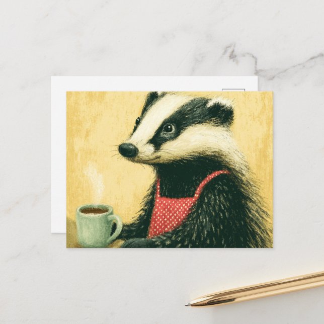 Coffee Time With Adorable  Miss Badger Postcard (Front/Back In Situ)