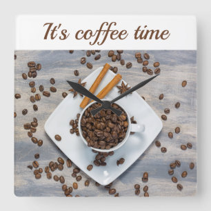 Coffee time with beans and cup customisable text square wall clock