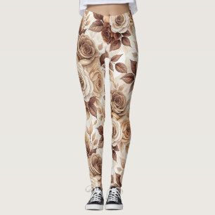 Coffee Tones Floral Rose Pattern Leggings