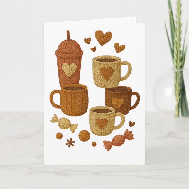 Coffee Valentine Day Love Knitted Hearts Hugs Card (Front)