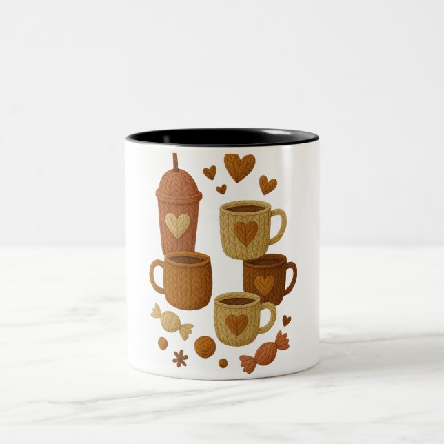 Coffee Valentine Day Love Knitted Hearts Hugs Two-Tone Coffee Mug (Center)