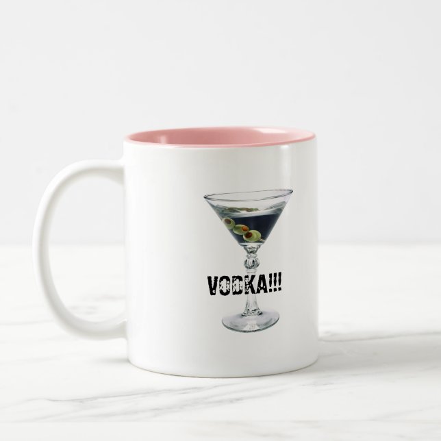 coffee, vodka, COFFEE?, VODKA!!! Two-Tone Coffee Mug (Left)