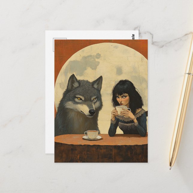 Coffee With the Wolf during a full moon moody Postcard (Front/Back In Situ)