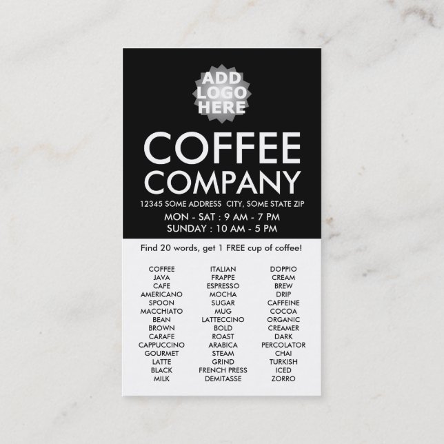 coffee word search GET ONE FREE CUP Loyalty Card (Back)