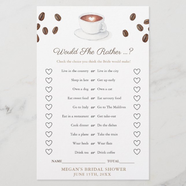 Coffee Would She Rather Wedding Shower Game Card (Front)