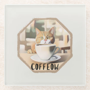 Coffeow Busy Cute Cat Glass Coaster