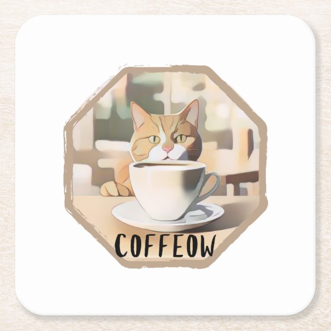 Coffeow Busy Cute Cat Square Paper Coaster (Front)