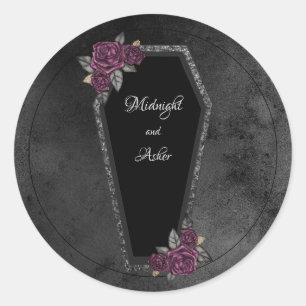 Coffin Black Grey Roses Sparkle Halloween Wedding Classic Round Sticker