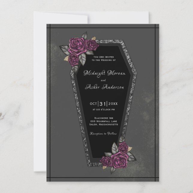 Coffin Black Grey Roses Sparkle Halloween Wedding Invitation (Front)