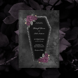 Coffin Black Grey Roses Sparkle Halloween Wedding  Invitation