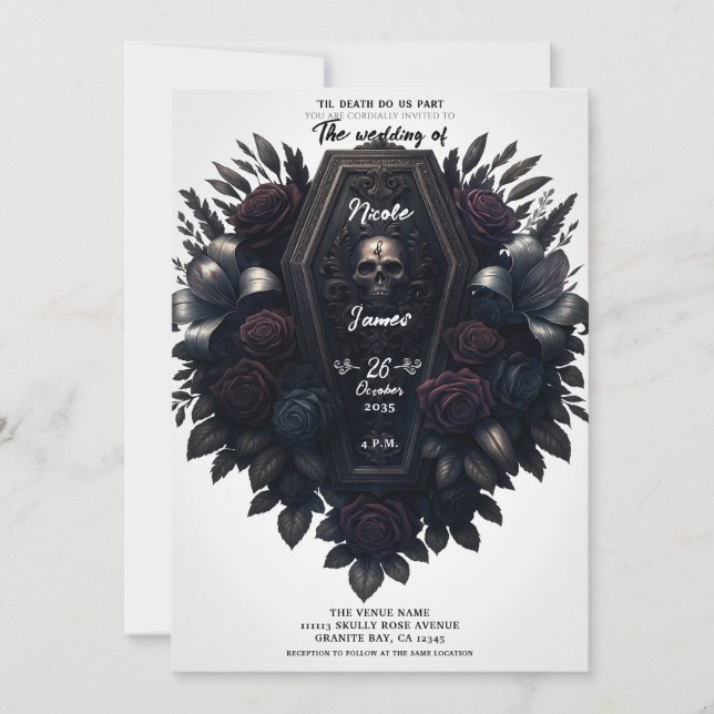 Coffin Bloom Floral Skull White Gothic Wedding  Invitation (Front)