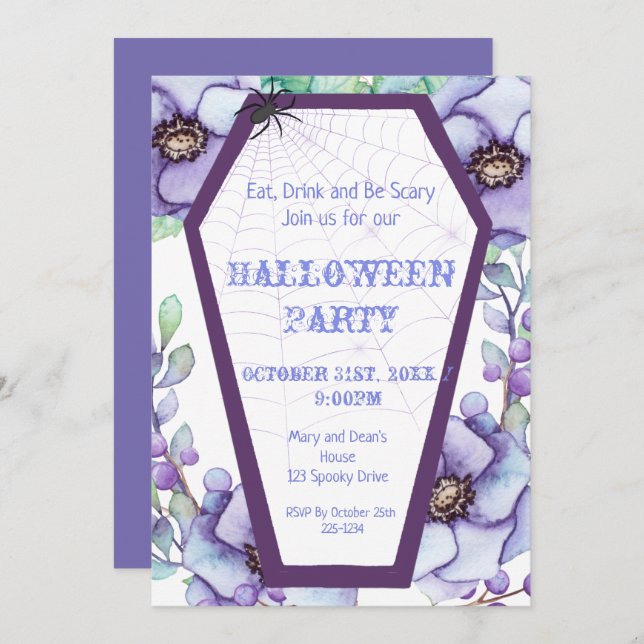 Coffin, Floral Halloween  Invitation (Front/Back)