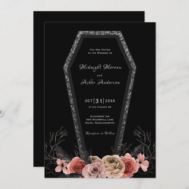 Coffin Roses Gothic Halloween Wedding Invitation (Front/Back)