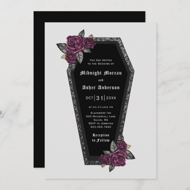 Coffin Roses Sparkle Halloween Wedding Invitation (Front/Back)