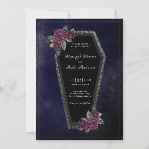 Coffin Roses Sparkle Navy Blue Halloween Wedding  Invitation