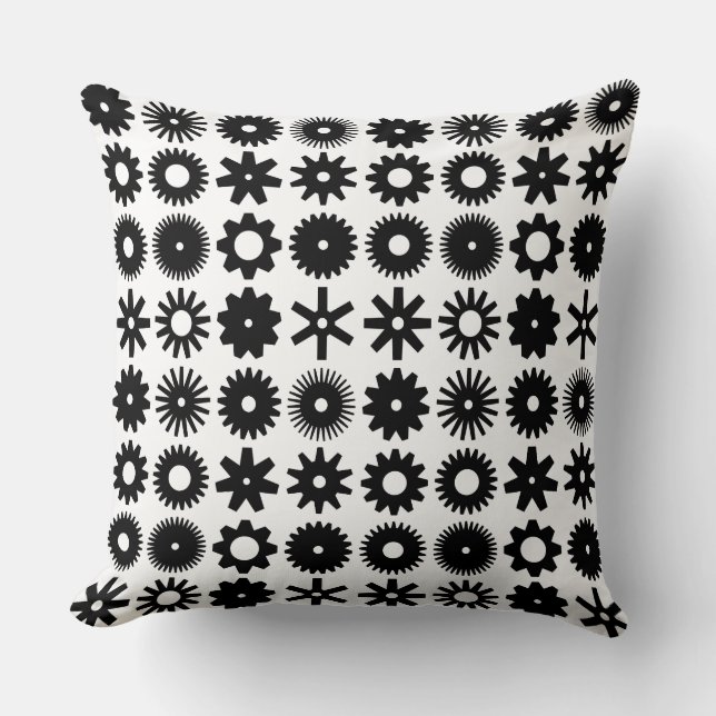 Cogs - Black on White Cushion (Front)