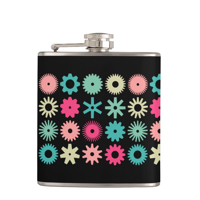 Cogs - Colours 01 - on Black Hip Flask (Front)