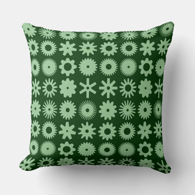 Cogs - Faded Green on Dark Forest Green Cushion (Front)