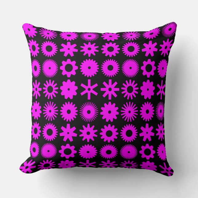 Cogs - Magenta on Black Cushion (Front)