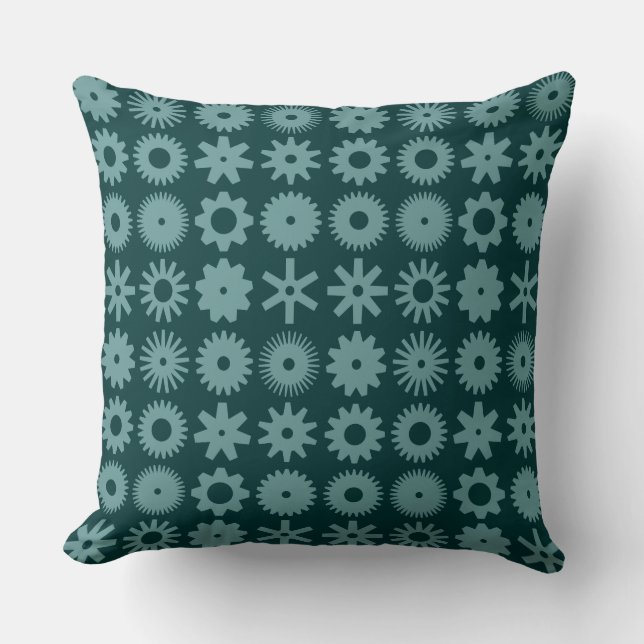 Cogs - Ocean Green on Dark Moss Green Cushion (Front)