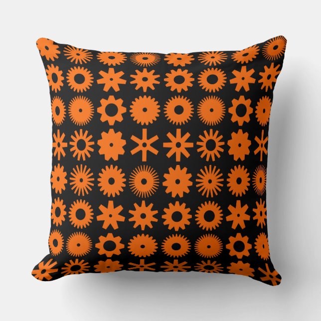 Cogs - Orange on Black Cushion (Front)