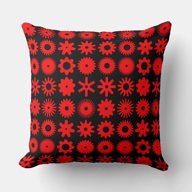 Cogs - Red on Black Cushion (Front)