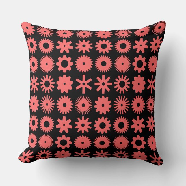 Cogs - Tropical Pink on Black Cushion (Front)