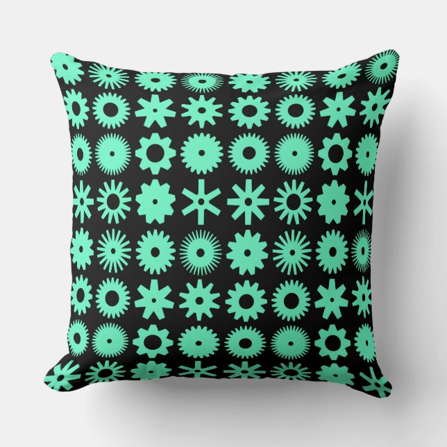 Cogs - Turquoise on Black Cushion (Front)