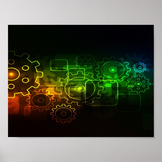 Cogwheels mechanics black neo green orange poster (Front)