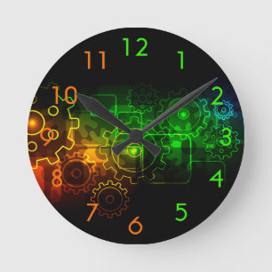 Cogwheels mechanics black neo green orange round clock