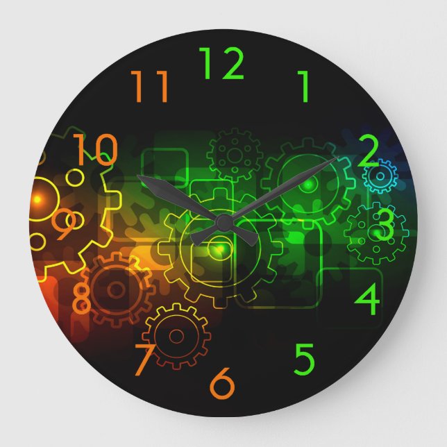 Cogwheels mechanics on black, neon green orange large clock (Front)