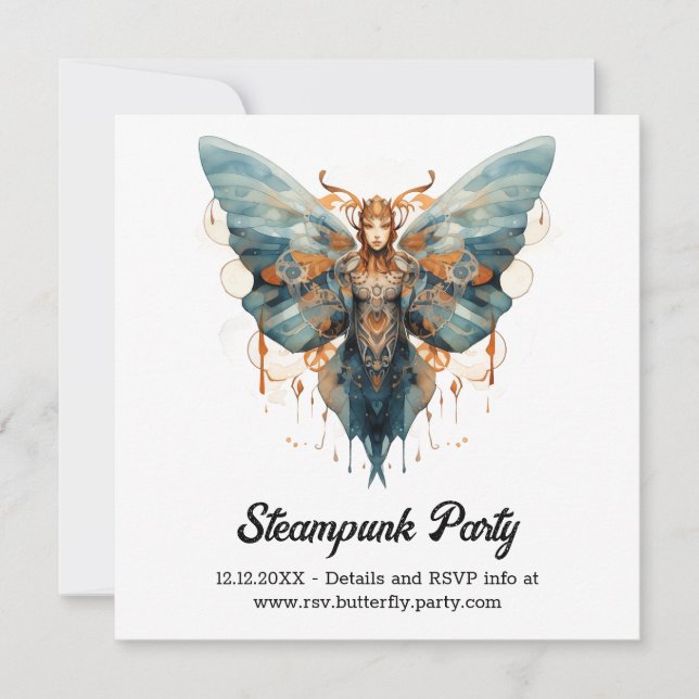Cogwing Monarch Butterfly Steampunk Wedding  Announcement (Front)