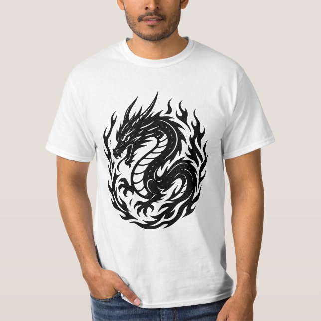 Coiled Fire Dragon Tattoo Style T-Shirt (Front)
