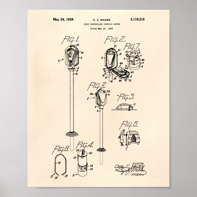 Coin Parking Metre 1938 Patent Art Old Peper Poster (Front)