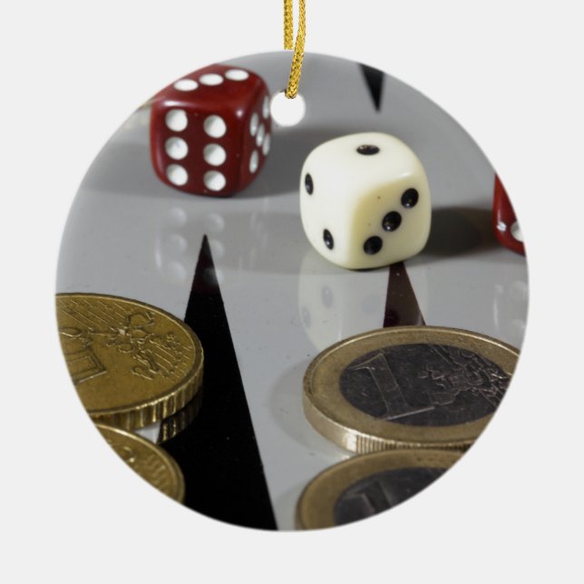 Coins on a backgammon board ceramic tree decoration (Front)