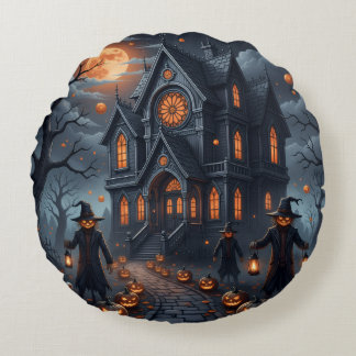 Cojin con diseño de Halloween castillo embrujado Round Cushion
