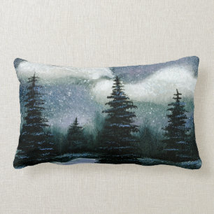 Cold Dark Winter Night, Lovely Snowy Landscape Lumbar Cushion