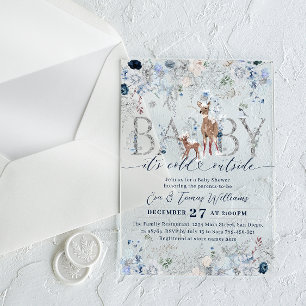 Cold outside Blue Winter Floral Deer Baby Shower Acrylic Invitations