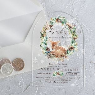 Cold outside Blue Winter Floral Deer Baby Shower Acrylic Invitations