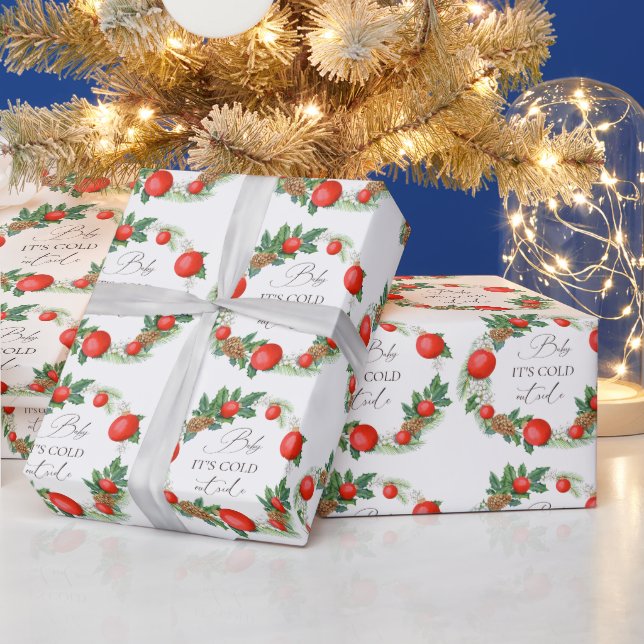 Cold Outside Christmas Wreath Winter Baby Shower Wrapping Paper (Holidays)