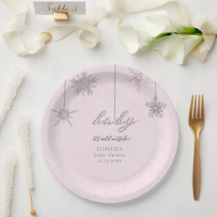 Cold Outside Glitter Snowflakes Pink Baby Shower Paper Plate
