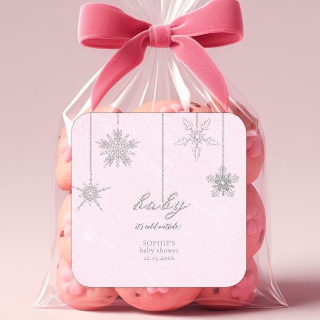 Cold Outside Glitter Snowflakes Pink Baby Shower Square Sticker (baby cold outside pink christmas girl baby shower personalized sticker snowflakes rhinestone glitter)