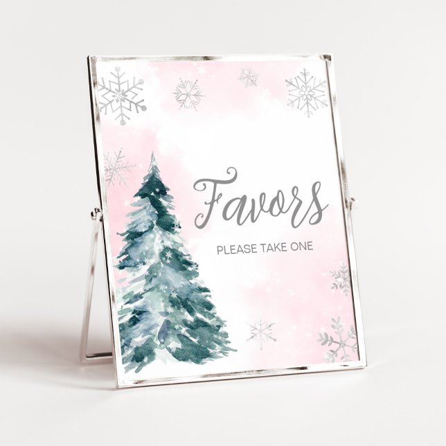Cold Outside Pink Winter Baby Shower Favours Poster (Pink Silver Pine Tree Baby Shower Favors Sign)
