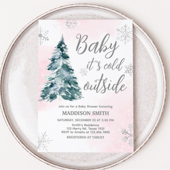 Cold Outside Pink Winter Baby Shower  Invitation (Pink Silver Pine Tree Baby Shower Invitation)