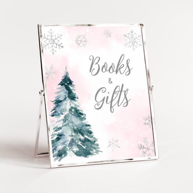 Cold Outside Pink Winter Books and Gifts Poster (Pink Silver Pine Tree Baby Shower Books and Gifts Sign)