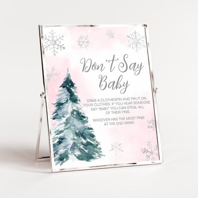 Cold Outside Pink Winter Don't Say Baby  Poster (Pink Silver Pine Tree Baby Shower Don't Say Baby Sign)