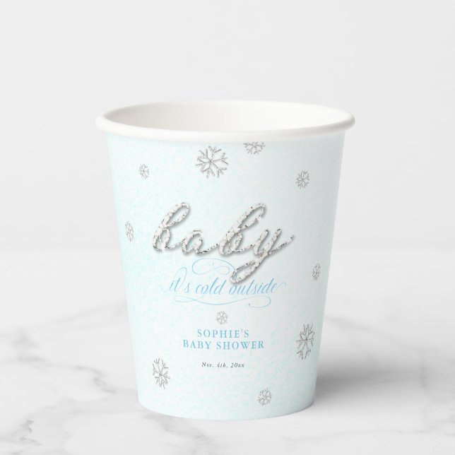Cold Outside Rhinestone Glitter Winter Baby Shower Paper Cups (Front)