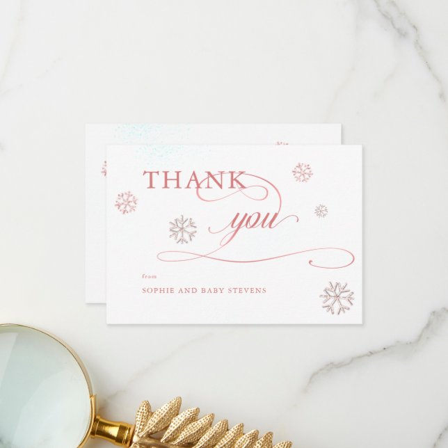 Cold Outside Rhinestones Winter Girl Baby Shower Thank You Card (Front/Back In Situ)