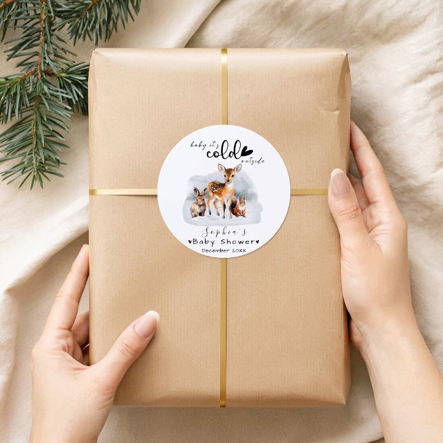 Cold Outside Winter Woodland Animals Baby Shower Classic Round Sticker (Creator Uploaded)